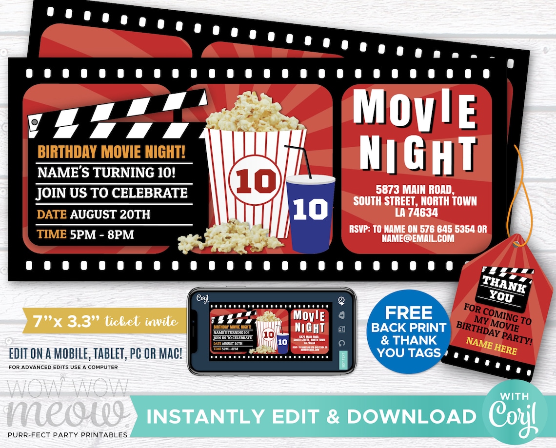 movie night ticket invite birthday party invitation instant etsy