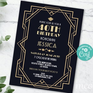 Art Deco verjaardag Roaring 20s uitnodiging uitnodigen 1920 partij INSTANT DOWNLOAD Gatsby goud zwart elegante personaliseren bewerkbare afdrukbare WCBA275