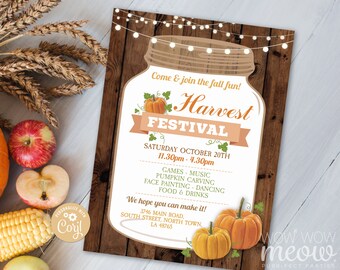 Fall Harvest Festival Invitations Party Event Jar Invite Printable INSTANT DOWNLOAD Church Lights Wood Autumn Personalize Editable WCHF003