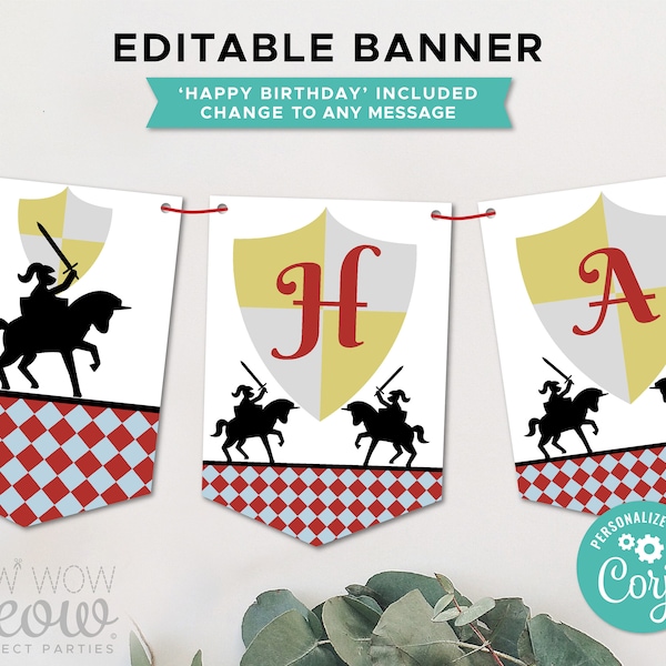 Knights Birthday Banner Party Middle Ages Medieval Horse Editable Instant Download Bunting Flags Birthday Decoration Printable WCBK094