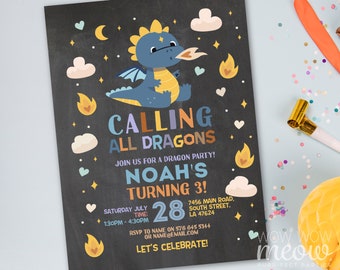 Dragon Birthday Invitation Boys Blue Chalk Party INSTANT DOWNLOAD Mystical Wild Fun Invite Any Age Editable Printable WCBK556