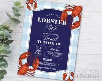 Lobster Boil Birthday Invitations Party Invite Seafood Couple's Shower INSTANT DOWNLOAD Gingham Red Blue Lobster Printable WCBA321