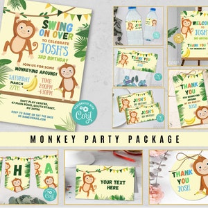 Monkey Birthday Invitation Party Bundle Banana EDITABLE Invitation Yellow Jungle Included Package Download Children&#39;s Kid&#39;s Party WCBK398