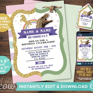 Unicorn and Dinosaur Invitation Birthday Dino Girl & Boy Joint Shared Invite INSTANT DOWNLOAD Printable Party Personalize Editable - WCBK009