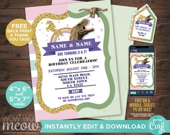 Unicorn and Dinosaur Invitation Birthday Dino Girl & Boy Joint Shared Invite INSTANT DOWNLOAD Printable Party Personalize Editable - WCBK009