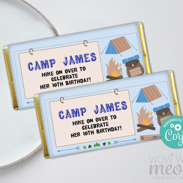 Camping Anniversaire Chocolate Bar Wrapper Camp Out Glamping Glam Tent Blue Candy Editable Téléchargement Instantané Étiquette Imprimable WCBK130