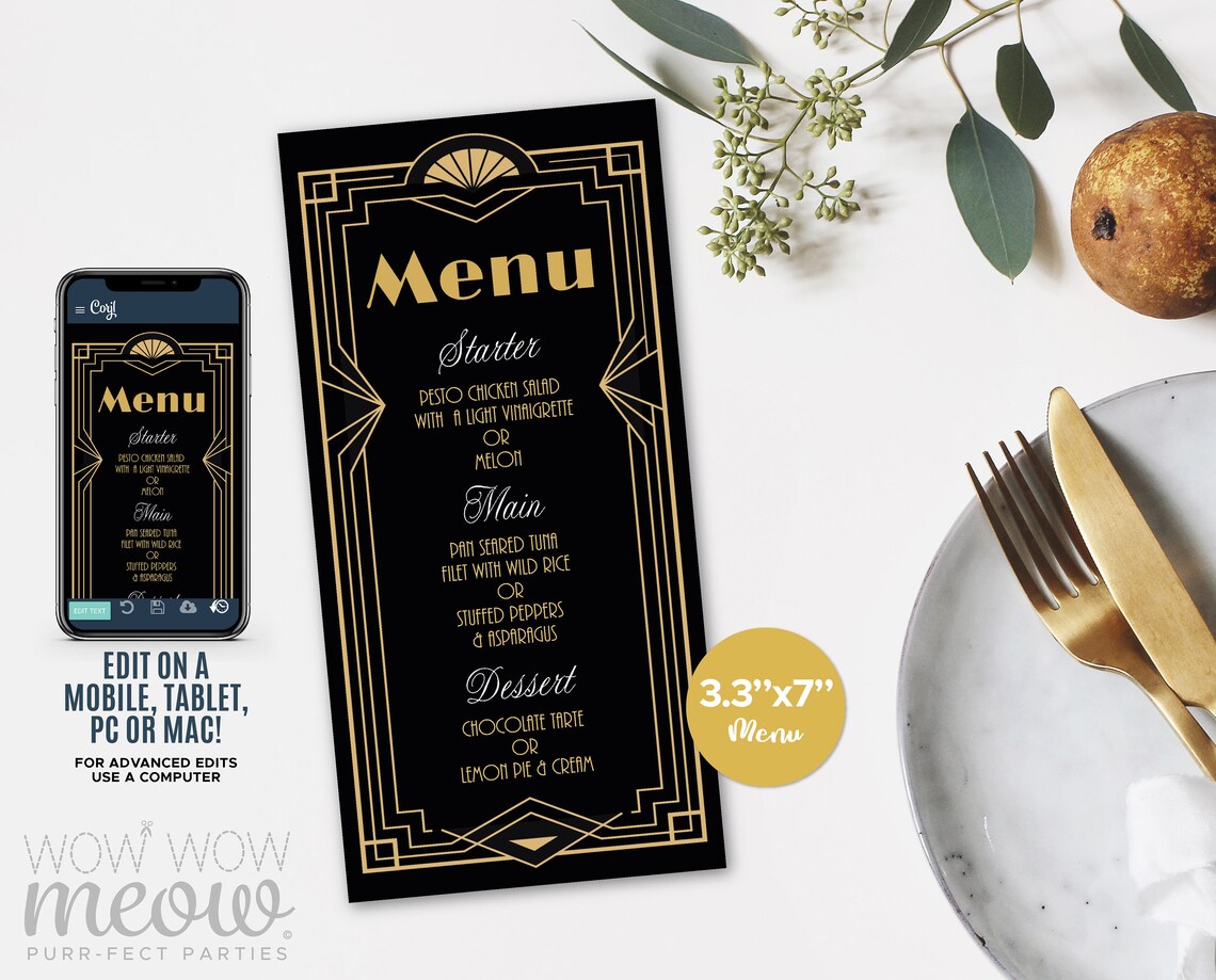 Art Deco Menu Dinner 1920s Gatsby Black Gold Template Package INSTANT ...