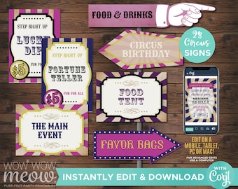 28 Vintage Circus Signs Printable INSTANT DOWNLOAD Pink Direction Arrow Signpost Personalize Birthday Carnival Party A4 Editable WCBK315
