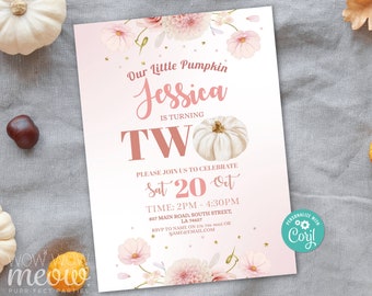 May include: A pink and white birthday invitation with floral accents and the text "Our Little Pumpkin Jessica is turning TWO." Includes a watercolor illustration of a white pumpkin. The invitation is for a party on October 20th.
