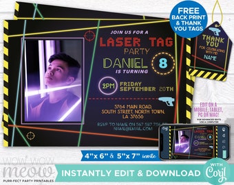 Laser Tag Invitations Photo Birthday Party Any Age Let's Glow Dark INSTANT DOWNLOAD Quest Invite Neon Girls Boys Editable Printable WCBK053