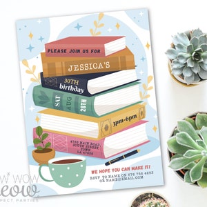 Books Birthday Party Invitation Book Club Library Reading Invite Womens Page Personalize Customize Edit Printable WCBA297