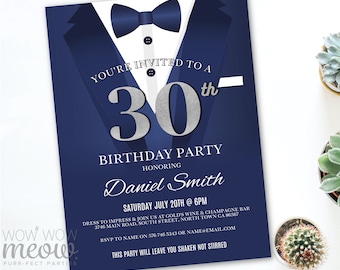 30th Birthday Invite Invitation THIRTY Navy Silver Black Tie Secret Agent Party INSTANT Editable Bond Tuxedo Personalize Printable WCBA033