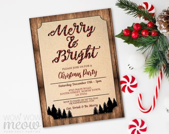 May include: A Christmas party invitation with a wooden frame design. The words "Merry & Bright" are in a red and black plaid pattern. The invitation includes party details and the phrase "Eat, Drink & Be Merry."