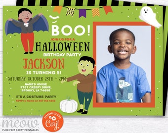 Kid's Halloween Birthday Photo Invitations Boys Costume Green Children's Party Invite Printable Fun DOWNLOAD Vampire Personalized WCHA103