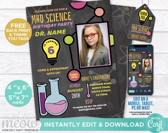 Science Invitations Pink Mad Scientist Girls Invites Chemistry Birthday Party INSTANT DOWNLOAD Photo Personalize Customize Printable WCBK172