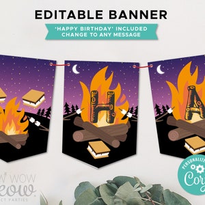 S&#39;mores Party Banner Birthday Campfire Camping Backyard Editable Download Boys Girls Bunting Flags Birthday Decoration Printable WCBK405