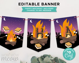 May include: Editable banner with a campfire theme. The banner features a night sky with stars and a crescent moon, a campfire with flames, and a s'more. The text 'HAPPY BIRTHDAY' is included on the banner. The banner is customisable and can be used for any occasion.