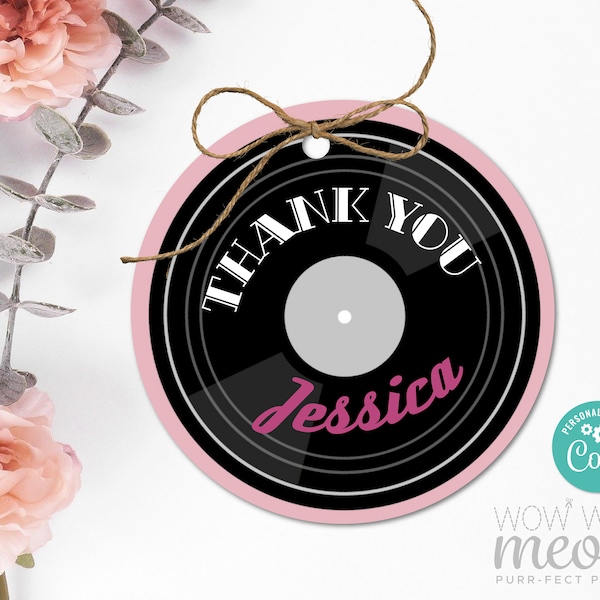 Vinyl Record Tags Fifties Rock N Roll Thank You Tags Birthday Party Pink 1950’s Music Tags Edit Label Download Edit Printable WCBA023