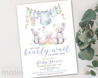 Bear Baby Shower Invitation Blue Boy Gender Reveal Teddy Boho Invites Balloons Neutral INSTANT DOWNLOAD Bohemian Party Couples WCBS153