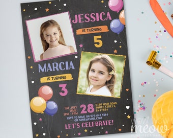 Invitations photo d'anniversaire soeur partagées, ballons mixtes fête fille roses, invitez les enfants de tout âge - impression modifiable à télécharger WCBK581