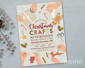 May include: A light gray Christmas crafts afternoon invitation with illustrations of crafting activities. The text reads "Christmas Crafts Afternoon" with event details. Includes images of scissors, a gingerbread man, and a wrapped gift.