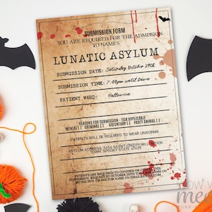 Lunatic Asylum Halloween Invitation Party Mental Hospital Printable INSTANT DOWNLOAD Submission Ticket Invites Personalized Editable WCHA043