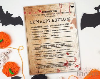 Lunatic Asylum Halloween Invitation Party Mental Hospital Printable INSTANT DOWNLOAD Submission Ticket Invites Personalized Editable WCHA043