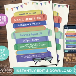 Books Birthday Party Invitation Library INSTANT DOWNLOAD Reading Books Invite Mens Womens Page Personalize Customize Edit Printable WCBA072