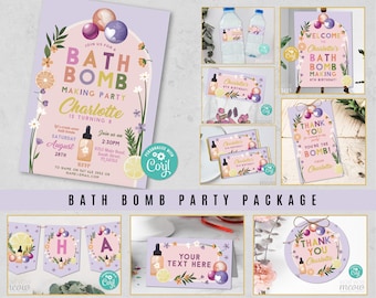 Paquete de cumpleaños para fiesta de fabricación de bombas de baño Invitación EDITABLE Chicas Fragancia Spa Rosa Paquete incluido Descargar Fiesta infantil WCBK533