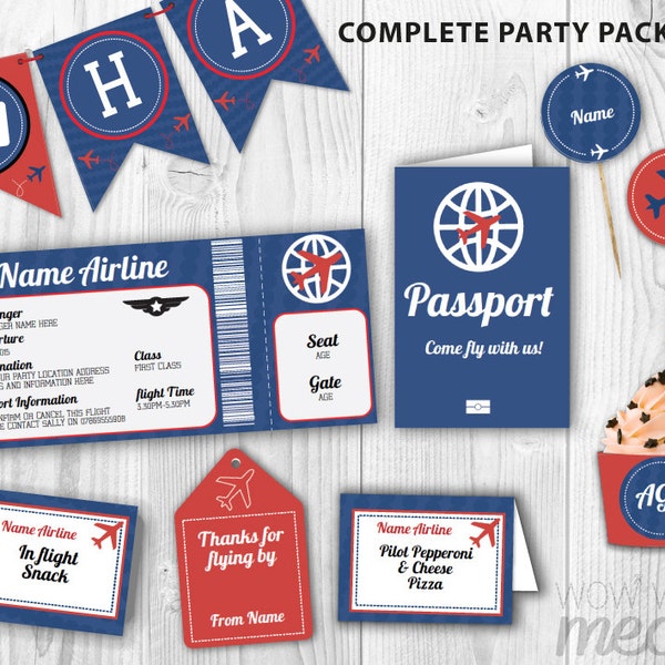 AIRPLANE Birthday Party Package Invitations Plane Decorations Full Printable Collection INSTANT DOWNLOAD Editable Text Personalize Navy Red