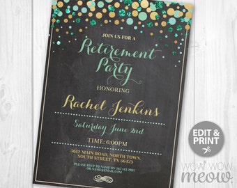 Retirement Invitation Teal Gold Chalk Retired Invite INSTANT DOWNLOAD Womens School Flowers Printable College Digital Editable Personalize
