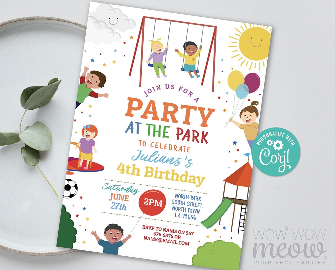 Party Park Birthday Invitations Playground Outside Kids ANY Age INSTANT DOWNLOAD Swings Slide