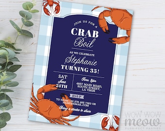 Crab Boil Birthday Invitations Party Invite Seafood Couple's Shower INSTANT DOWNLOAD Gingham Red Blue Lobster Printable WCBA321