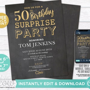 SURPRISE 50th Birthday Invitations Elegant Gold Party Invite 50 Chalk FIFTY Mens Womens Instant Download Editable Print Personalize WCBA037