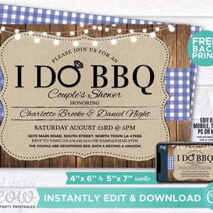 I Do BBQ Couples Shower Invite Engagement Party Blue Invitation INSTANT Download Wedding Rustic Lights Check Personalize Printable WCWI008