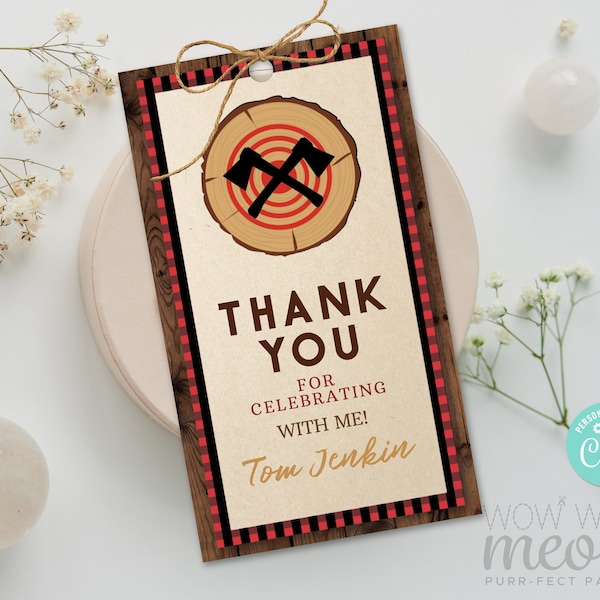 Axe Throwing Thank You Tags Birthday - Lumberjack Plaid Party Gift Tags - Edit Print Favour Cards Label Download Editable Printable WCBA270