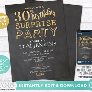 Gold SURPRISE 30th Birthday Invitations Party Invite Chalk Board Thirty Mens Womens Instant Download Editable Printable Personalize WCBA037