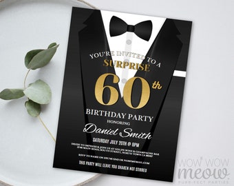 60th Surprise Birthday Invite Secret Agent Spy Party Invitation INSTANT DOWNLOAD Editable Bond Tuxedo Black Tie Suit Personalize WCBA034