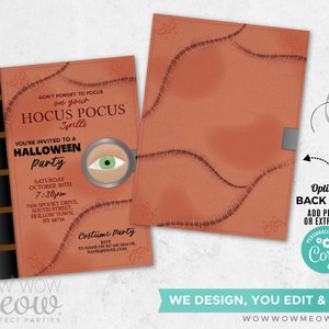 May include: Halloween party invitation designed to look like a spell book. The cover reads "Don't forget to focus on your Hocus Pocus Spells." The invitation includes party details, a green eye graphic, and the text "Costume Party."