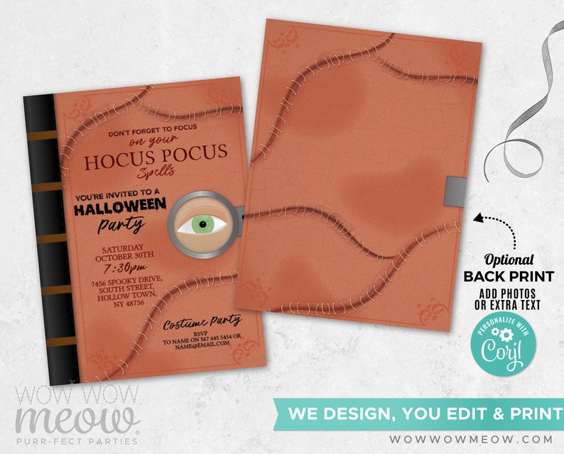 May include: Halloween party invitation designed to look like a spell book. The cover reads "Don't forget to focus on your Hocus Pocus Spells." The invitation includes party details, a green eye graphic, and the text "Costume Party."