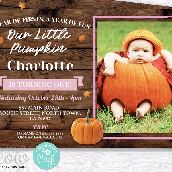 Pumpkin First Girl Invites 1st Birthday One Invitation 1 Fall Pink First Photo Rustic Wood Party INSTANT DOWNLOAD Printable Editable WCBK039