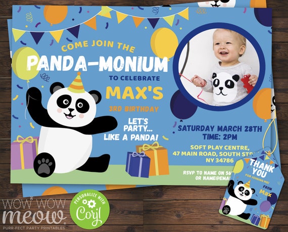 Panda Invitation Boys Photo Birthday Party INSTANT DOWNLOAD Blue.