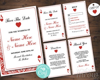 Puede incluir: Un conjunto de invitaciones de boda imprimibles con un tema de cartas de juego rojas y blancas. La tarjeta de guardar la fecha presenta un as de corazones rojo y el texto "Save the Date" en rojo y blanco. La tarjeta de invitación presenta el texto "Name Here & Name Here" en rojo y blanco. La tarjeta RSVP presenta un as de corazones rojo y el texto "RSVP" en rojo y blanco. La tarjeta de agradecimiento presenta un as de corazones rojo y el texto "Thank You" en rojo y blanco.