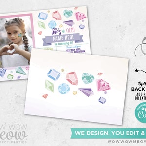 May include: A birthday party invitation with a photo of a young girl making a heart shape with her hands. The invitation features colorful gem illustrations and the text "She's a GEM!" and "NAME HERE is turning 6!"