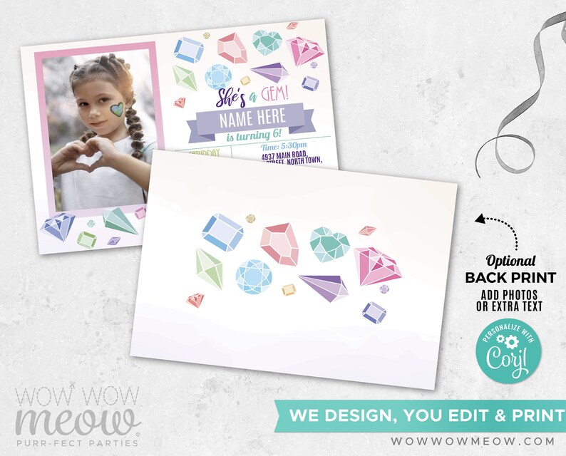 May include: A birthday party invitation with a photo of a young girl making a heart shape with her hands. The invitation features colorful gem illustrations and the text "She's a GEM!" and "NAME HERE is turning 6!"