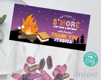 S'mores Treat Bag Headers Birthday Campfire Camping Backyard Girls Topper Favours Party Gift Label Download Editable Printable WCBK405