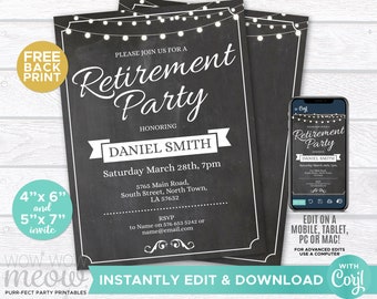 Retirement Invitation Chalk Retired DOWNLOAD Customize Instant Mens Womens Male Lights Printable Celebration Editable Personalize WCRE004