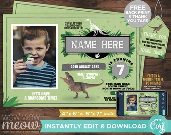 May include: Green and gray dinosaur birthday party invitation with a photo of a boy holding a dinosaur toy. The invitation says "You're invited to a dino-mite dinosaur party!" and includes the name "NAME HERE", the date "20th August 23rd", the time "3:00PM - 6:30PM", and the address "5736 Main Road, South Street, North Town LA 75622". The invitation also includes the text "Let's have a roarsome time!" and "WOW WOW meow".