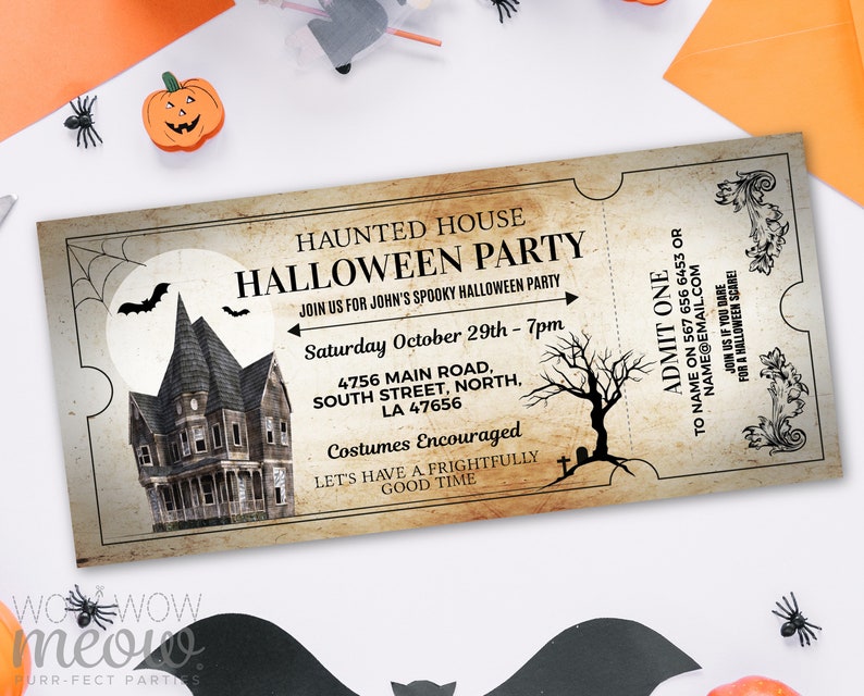 Halloween Invitations Haunted House Tickets Invites Party Printable INSTANT DOWNLOAD Bat Spooky Scare Personalized Editable Edit WCHA015 image 1