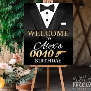 Tuxedo Birthday Sign Editable Welcome 24 x 36 inches Large Birthday Any Age Party Cards Chips Bond EDIT INSTANT DOWNLOAD  - WCBA339